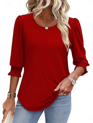  Per donna Blusa Tinta unica Elegante Casual Manica 3/4 Girocollo Top Regolari Quotidiano Nero Bianco Rosso Blu Estate Primavera Autunno