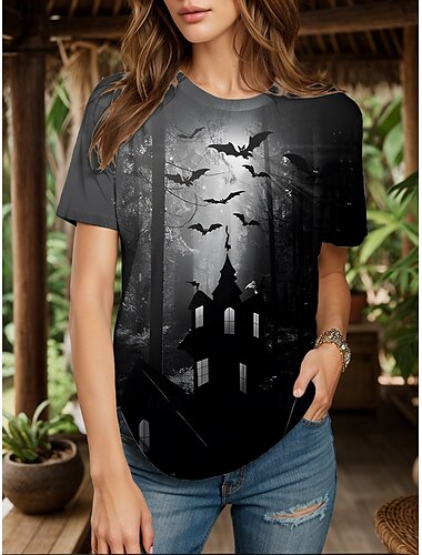  Halloween Mulheres Camiseta Gráfico Fantasma Bruxa Vintage à moda Clássico Manga Curta Gola Redonda Decote Redondo Tops regulares Diário Final de semana Imprimir Preto Amarelo Rosa Vermelho Azul