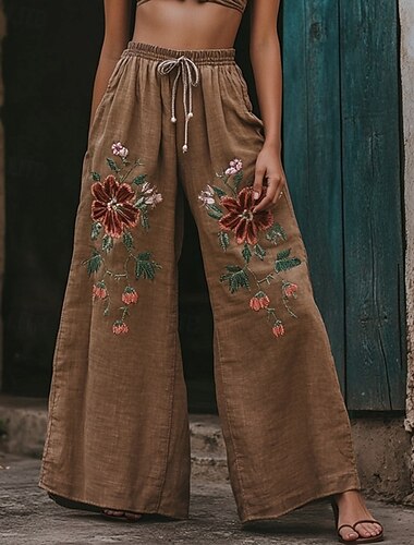 Women's Wide Leg Pants Trousers Palazzo Pants Fashion Boho Full Length High Waist Flower Elastic Waist Drawstring Print Breathability Comfortable Street Daily Wear Going out Brown Spring Fall Regular
