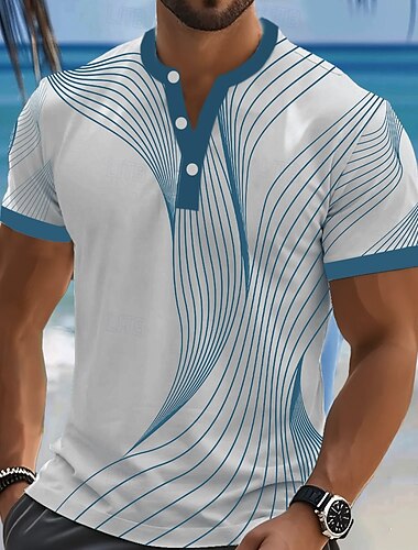  Homens Abstrato Geométrico Camiseta Camisa Henley Manga Curta Designer Retro Vintage Casual Rua Casual Diário Verão Primavera Azul Céu Preto Vermelho Azul Marinha Henley Camiseta Henley