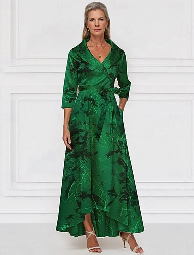 Jacquard Brocade A-Line Evening Gown Elegant Dress Formal Wedding Guest Floor Length Long Sleeve V Neck Pocket Nylon with Bow(s) Strappy