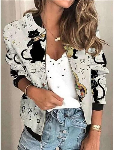  Dámské Neformální bunda Pohodlné Prodyšné Zip Tisk Na běžné nošení Květinový Dovolená ulice Denní nošení Jdeme ven Zip Standardní Stojáček Běžný Dlouhý rukáv Svrchní oděvy Černá Rubínově červen