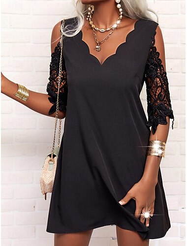  Damen Minikleid Sommerkleid Lässig Täglich Normale Passform Einfach Halbarm V Ausschnitt Schwarz Sommer Frühling Herbst