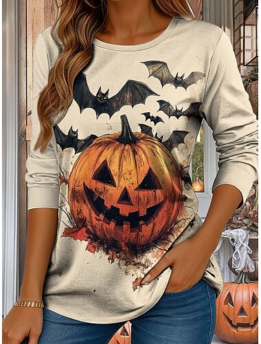  Halloween Dámské Tričko Grafika Dýně Vinobraní stylové Klasické Dlouhý rukáv Tričkový Běžné topy Denní Tisk Béžová Léto Jaro Podzim
