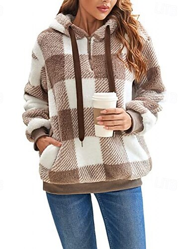  Per donna Felpa con cappuccio Plaid Streetwear Casual Manica Lunga Con Cappuccio Top Regolari Streetwear Ferie Uscire Tasca Nero Verde chiaro Rosa Rosso Blu Autunno Inverno