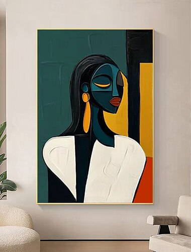  Handmade Modern Abstract Portrait painting hand painted with Bold Chromatic Contrast - Geometric oil paintings  Feminine Figure in Cobalt  Gold firgure for Contemporary Interior Accent Painting