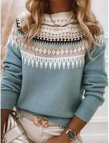  בגדי ריקוד נשים סוודר יום יומי רך גיאומטרי מצולע צווארון עגול קצר סרוג דפוס שרוול ארוך חולצות רגילות לִסְרוֹג בָּחוּץ יומי סוף שבוע ורוד מסמיק פול סתיו חורף