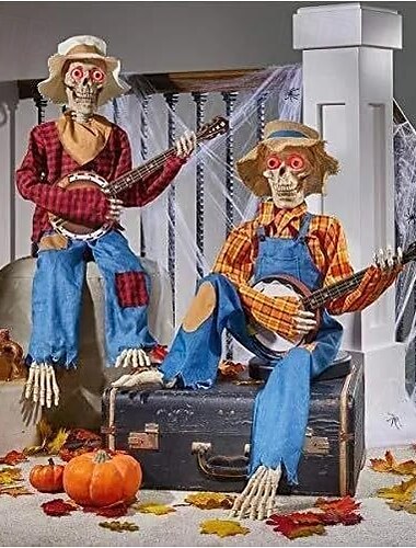  Halloweenská animovaná ozdoba s banjo kostlivci, soubojové banjo kostry, vtipná strašidelná dekorace lebky, halloweenská dekorace s kostrou hrající na banjo na zahradní dveře, terasu, dvůr,