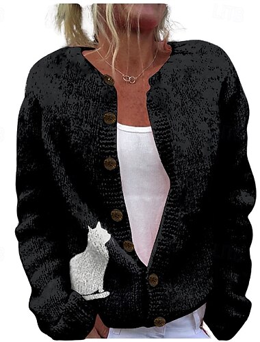  Dam Tröja Kofta Mode Streetwear Dagligen Blommig Djur Ribbad Öppen front Stickat Mönster Långärmad Långa toppar Sticka Helgdag Utekväll Helgen Svart Vit Höst Vinter