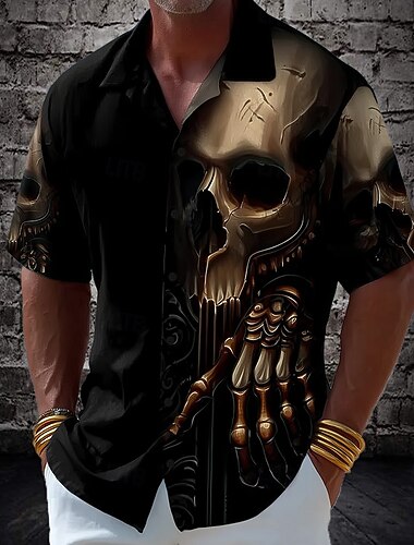  Homme Crâne Squelette La mort Chemise Chemise à col cubain Chemise Boutonnée Manche Courte Style gothique sombre Fête Vêtements de rue Été Chemise à col camp Impression 3D Noir 1 Noir