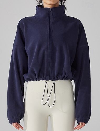  Damen Flauschige Fleecejacke Stehkragen Winddicht Leicht Warm Vollreißverschluss Langarm Sport Einfarbig Oberteil Für Outdoor Laufen Yoga Sportkleidung