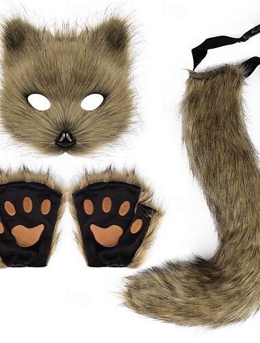 Realistická sada liščí masky s rukavicemi a chlupatým liščím ocasem – ručně vyráběné doplňky pro cosplay zvířat, sada kostýmu lišky na Halloween, párty a divadelní vystoupení