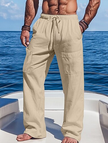  Herren Cargo-Hosen Leinenhosen Hose Sommerhose Baggy-Hosen Tasche Elastischer Bund Kordelzug Einfach Komfort Atmungsaktiv Volle Länge Lässig Täglich Ferien Urlaub Mode Schwarz Grün Unelastisch