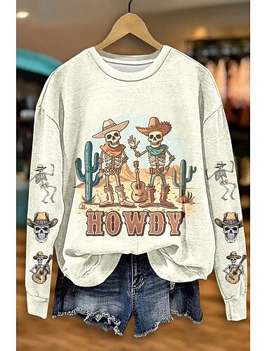 Damen Sweatshirts Totenköpfe Grafik Lässig Langarm Crew Neck Rundhals Reguläre Oberteile Straße Alltag Lässiger Druck Kastanienbraun Weiß Herbst Winter   Damen Sweatshirts Totenköpfe Grafik Lässig Langarm Crew Neck Rundhals Reguläre Oberteile Straße Alltag Lässiger Druck Kastanienbraun Weiß Herbst Winter