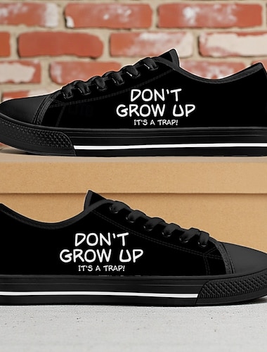  Pánské černé plátěné tenisky s potiskem „don't grow up“ – pohodlné ležérní šněrovací boty pro každodenní nošení, street style a outdoorové aktivity