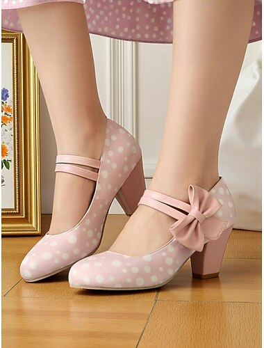 Sapatos Mary Jane femininos de bolinhas rosa dos anos 1950 – lindos scarpins retrô com salto bloco e tiras de laço para festas, chás e looks de inspiração vintage