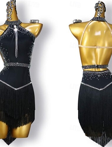  Glinsterende Latijns-Amerikaanse dansjurk voor dames – kostuum met pailletten en franjes voor cha-cha, rumba &ballroomvoorstelling/wedstrijd