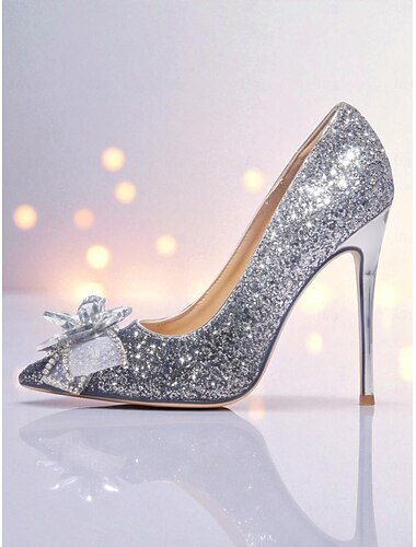  Dame sølvglimmer stilettopumps - spidse høje hæle med krystalsløjfe til cocktailparties og elegante aftenarrangementer