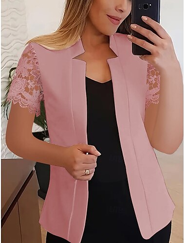  Women's Blazer Comfortable Breathable Lace Fashion Modern Plain Work Daily Regular Stand Collar Regular Fit Short Sleeves Outerwear Black White Pink Summer