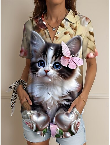  Damen Hemd Grafik Tiermotiv Katze Vintage Tropisch Täglich Ärmellos Kurzarm Hemdkragen Normale Oberteile Täglich Schwarz Gelb Rosa Rote Sommer Frühling