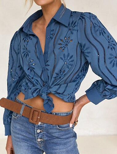  Per donna Camicia Semplice Quotidiano Elegante Essenziale Manica Lunga Manica a Palloncino Colletto a Camicia Top Regolari Lavoro Quotidiano Ferie Traforato Nero Bianco Blu Primavera Autunno