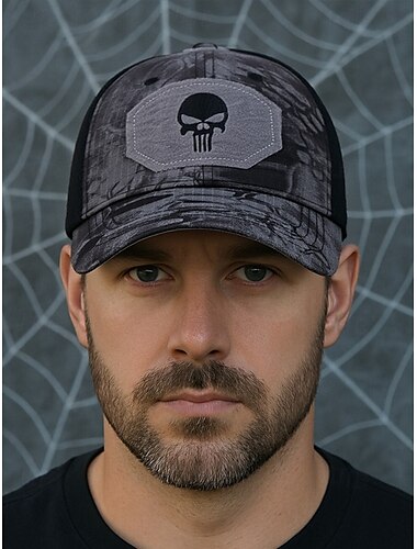  Boné de beisebol tático com caveira bordada para homem – parte traseira de malha ajustável, estilo camuflado, chapéu esportivo casual para festas de Halloween e uso diário