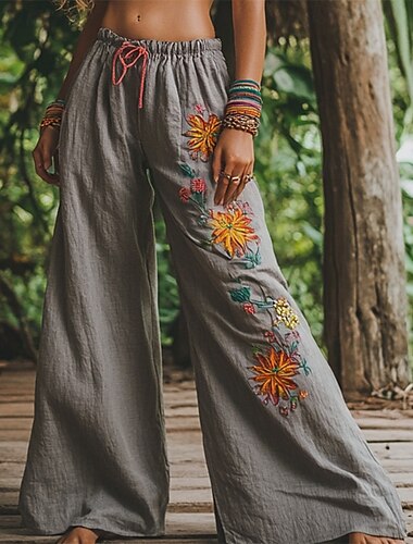  Women's Wide Leg Pants Trousers Palazzo Pants Casual Boho Full Length High Waist Flower Elastic Waist Drawstring Print Breathability Comfortable Street Daily Wear Going out Gray Spring Fall Regular