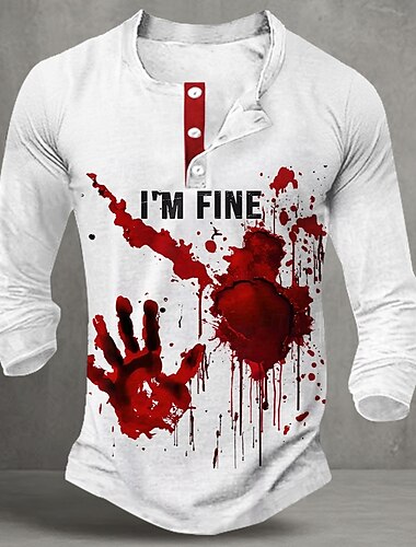  Per uomo Halloween Divertente Macchie di sangue Maglia Henley Manica Lunga Moda Carino Quotidiano Casuale Ferie Uscire Primavera & Autunno Tutte le stagioni Bianco Henley Maglietta Henley