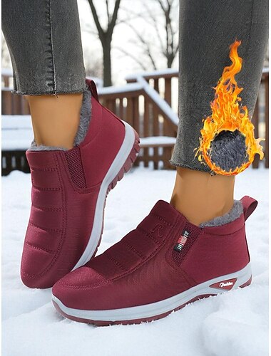  Botas de invierno impermeables burdeos con forro polar para mujer: botas de nieve cálidas y sin cordones con suela antideslizante para clima frío, caminatas al aire libre y uso diario informal.