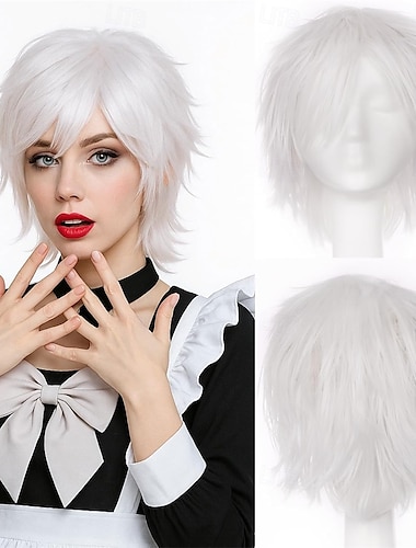  アニメショートコスプレウィッグ ハロウィンパーティー スパイキーレイヤードコスプレウィッグ 男性用合成ショートヘア &女性ホワイトスタイル