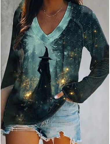  ハロウィン レディース Tシャツ ウィッチ Vネック 長袖 グラフィック カジュアル エレガント ヴィンテージ スタイリッシュ レギュラー トップス デイリー 外出 ウィークエンド プリント ブラックとグレー セージグリーン ホワイト ブルー オレンジ 春 秋