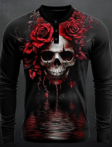  Camisa Masculina Cool Skulls Henley de Manga Longa Moda Fofa Casual Diário Férias Outono Primavera  Outono Preta Henley Henley T-Shirt