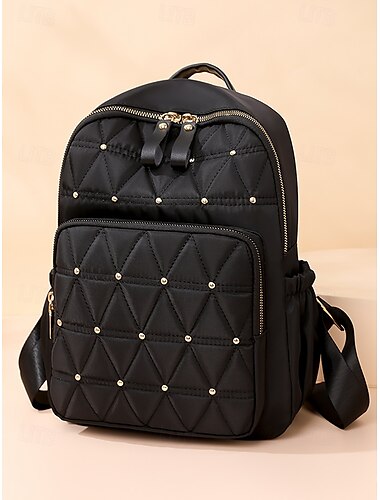  Mochila de nailon impermeable y acolchada para mujer: mochila ligera y moderna con detalles tachonados y diseño multibolsillos para la escuela, el trabajo o viajes.