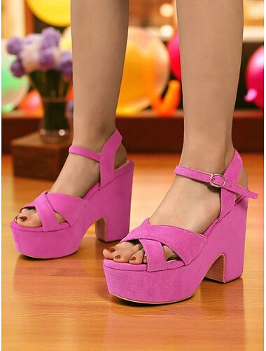  Damen-Plateausandalen aus pinkfarbenem Wildleder mit Knöchelriemen – auffällige Schuhe mit klobigem Absatz für Partys und Clubs im Nachtleben