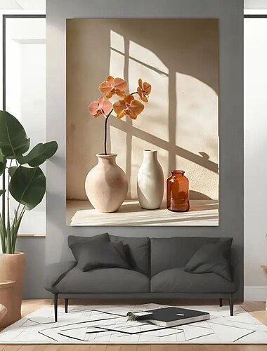  En moderne vase og orkide lerretsveggkunst - rammeløs plantetrykkplakat hjemmedekorasjon elegante blomster og blomsterpotte stilleben egnet for soverom, stue og kontordekorasjon hvit f