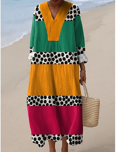  Per donna Abito Midi Vestito Estivo Abito a Tubino Vacanza Casual Spiaggia Uscire Spiaggia Vestibilità comoda Grafico Geometrico Manica Lunga Scollo a V Giallo scuro Giallo Rosa Blu Estate Primavera