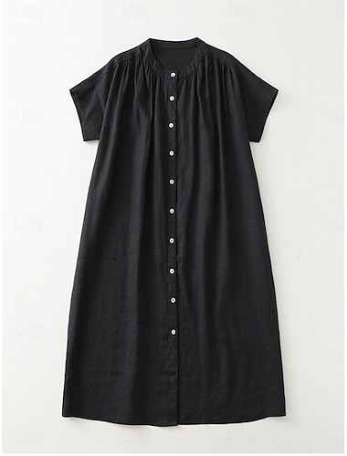  Vestito midi da donna, in cotone, estivo, casual, quotidiano, vestibilità regolare, tinta unita, manica corta, girocollo, nero, marrone, albicocca, estivo