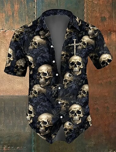  男性用クロスコスチュームスカルシャツ夏シャツボタンアップシャツショートスリーブダークゴシックスタイル屋外バケーションデイリーウェア夏春ターndダウン3Dプリント襟シャツ前面1ポケット