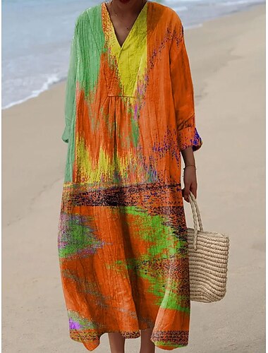  Dámské midi šaty V výstřih dlouhý rukáv kaftan lehké volné A linie šaty příležitostné boho na párty volné ombre grafické geometrické dlouhý rukáv V výstřih žlutá modrá oranžová hnědá podzim