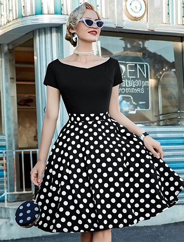  Retro / vintage 1950 rockabilly Miezul zilei Rochie leagăn Rochie Flare De Pe Umăr Buline Pentru femei Carnaval Casual Purtare Zilnică Petrecere cu tematică retro Adulți Rochie Primavara vara