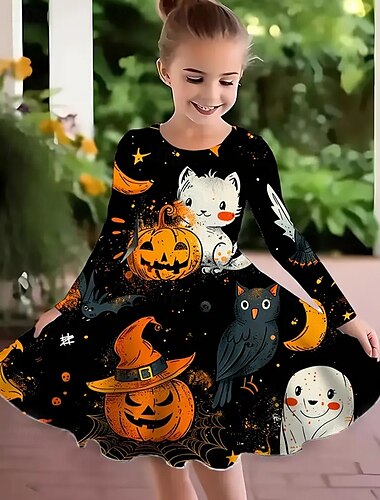  Halloween Pigers 3D Dyr Græskar Kjole Langærmet Sommer Forår Ferierejse Daglig Ferie Prinsesse Smuk Sød Børn 4-12 år Hverdagskjole A Linje Kjole Knælang Regulær