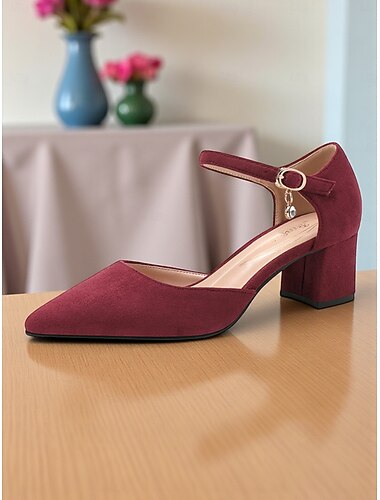  Roze suède enkelbandjes met blokhakken voor dames - elegante pumps met puntige neus en charmedetails voor bruiloften, feesten en kantoorkleding