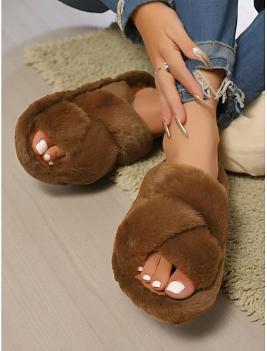  Pantuflas de mujer con punta abierta y peludas cruzadas: cómodas pantuflas de piel sintética para interiores, ideales para el invierno, para descansar y para el dormitorio.