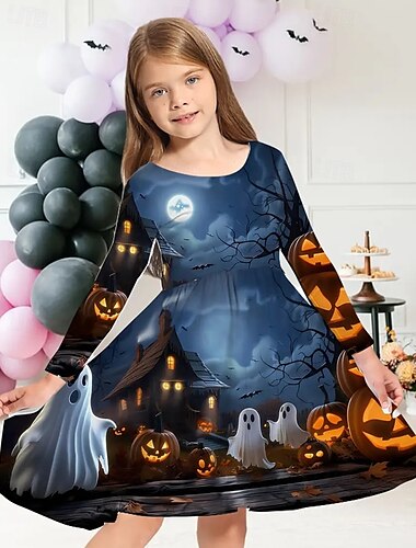 Halloween Pigers 3D Grafisk Græskar Spøgelse Kjole Langærmet Sommer Forår Ferierejse Daglig Ferie Prinsesse Smuk Sød Børn 4-12 år Hverdagskjole A Linje Kjole Knælang Regulær