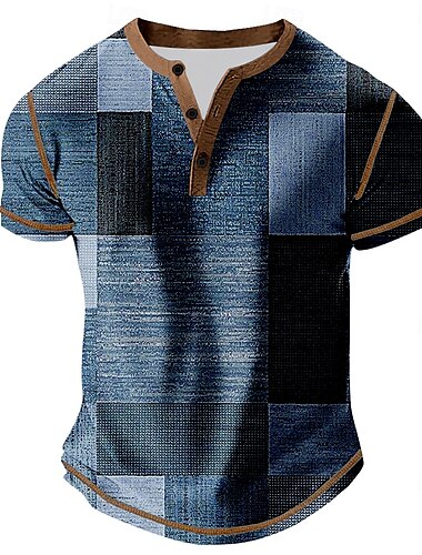  Homens Xadrez Bloco de cor Camisa Henley Camisetas Manga Curta Vintage Moda Designer Ao ar livre Casual Diário Primavera & Outono Marron Cinzento Verde Azul Marinha Henley Camiseta Henley