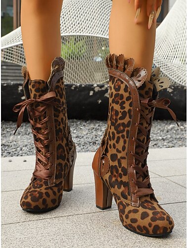  Bottines à lacets victoriennes à imprimé léopard pour femmes – bottines rétro à talons hauts avec bordure à volants, chaussures de fête gothiques steampunk