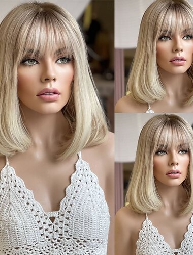  Capelli Vergini Non Trattati 5x5 Chiusura 13x4 Fronte in Pizzo Parrucca Caschetto corto Con Frangia Capelli brasiliani Liscio Biondo Parrucca 130% 150% Densità dei capelli Capelli schiariti