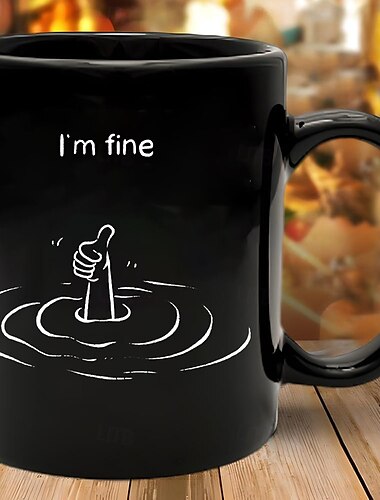  面白いコーヒーマグ、Im Fine drowning meme、黒のセラミックマグ、11オンス 330ml、皮肉なジョークギフト、同僚や友人、大人への贈り物