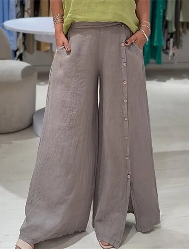  Per donna Finto cotone e lino Gamba larga Pantaloni Pantaloni Palazzo Moda Streetwear Lunghezza intera Misura del girovita medio Semplice Bottone laterale Traspirabilità Confortevole Streetwear