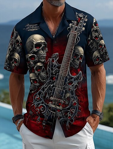  Herren Gitarre Tod Totenkopfe Hemd Kuba-Kragen-Hemd Knopfhemd Kurzarm Dark Punk Gothic Urlaub Ferien Streetwear Sommer Hemd mit Camp-Kragen 3D-Druck Blau Dunkelblau